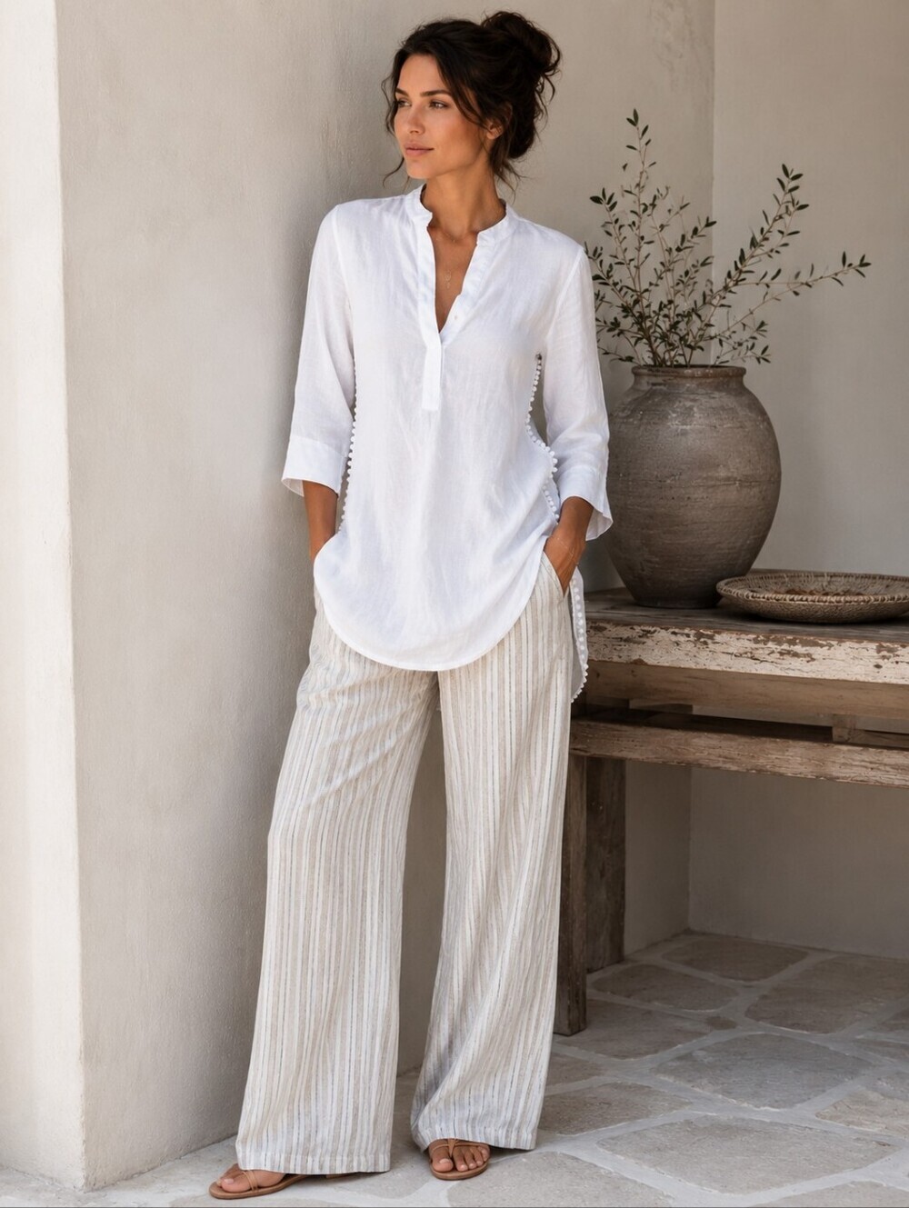Laura Bianchi Italy 100% Linen White Tunic Top Medium Pom Pom Trim Boho Resort